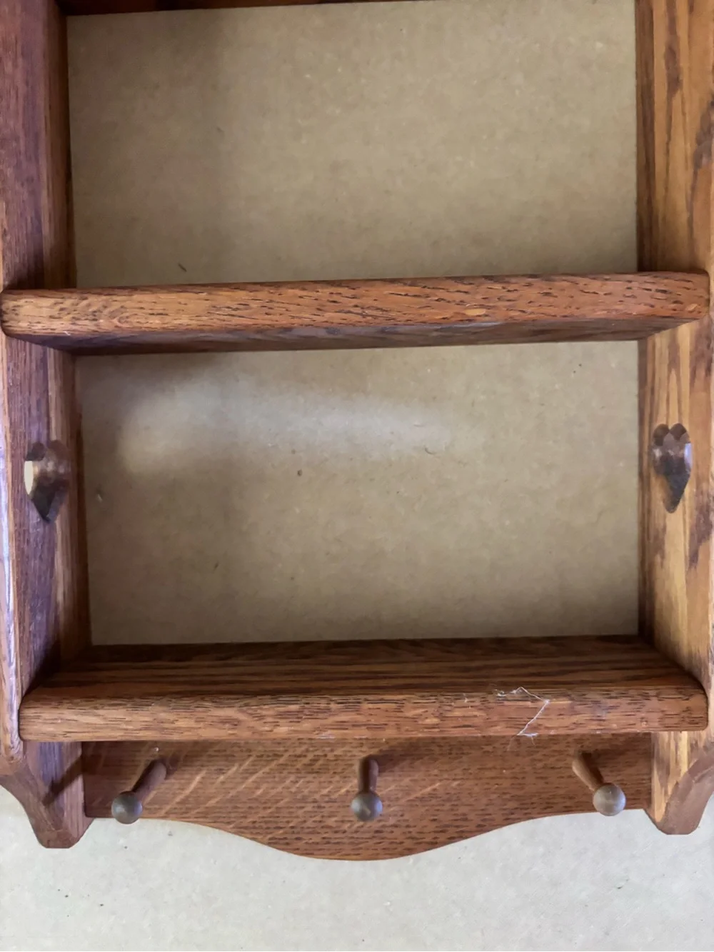 Hand Crafted Brown Wooden Wall Shelf with Heart Accent